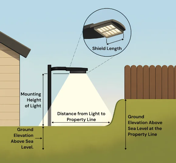 diagram showing a shielded outdoor light with labeled measurements